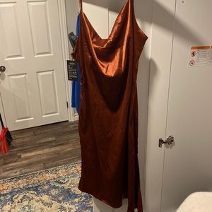 Burnt orange satin dress with slit on the side